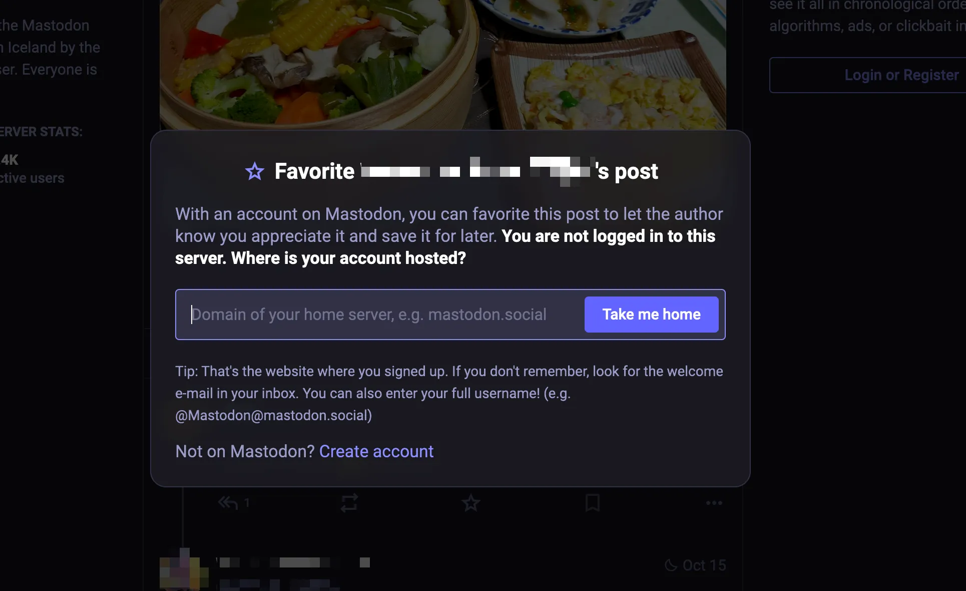 Image of "Take me home" dialog on Mastodon